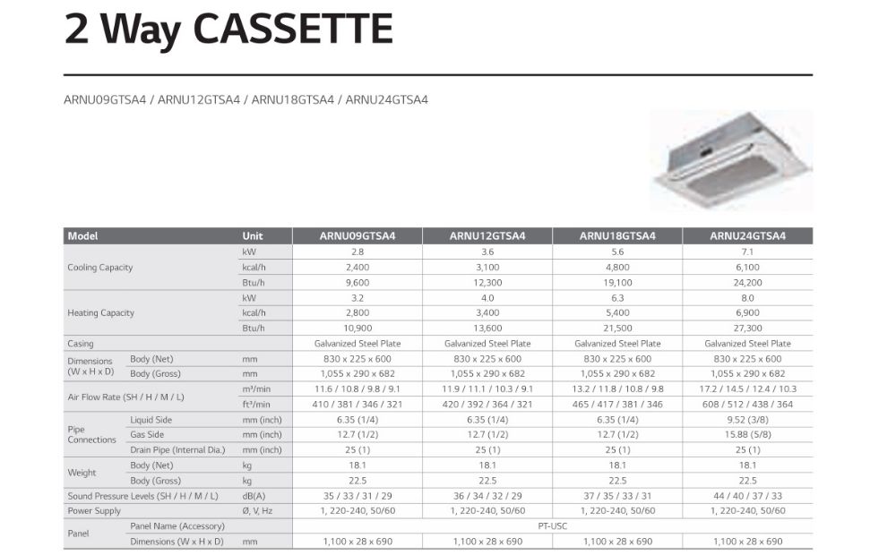 LG VRF Indoor units 2-Way Cassette Specifications